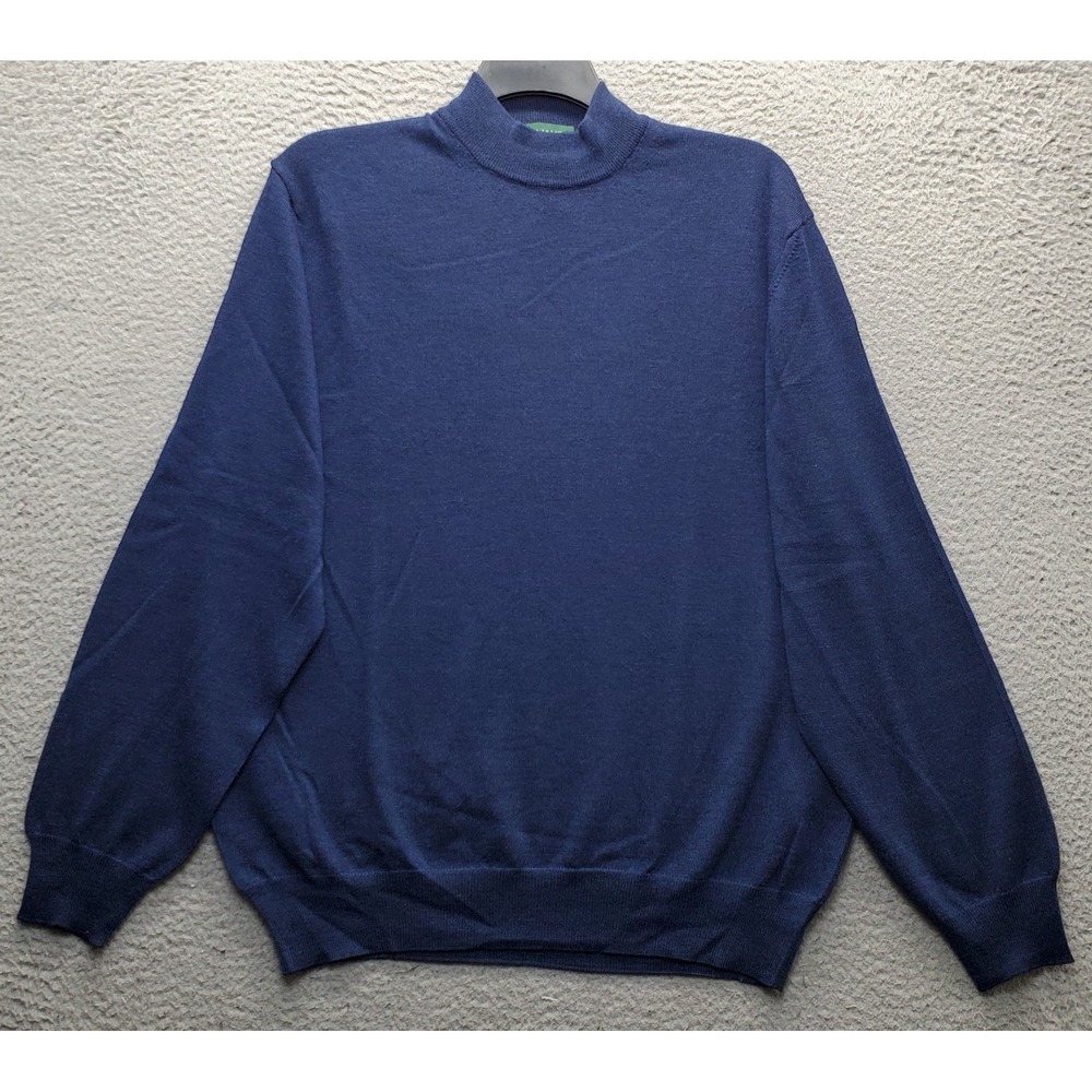 Tom James Sweater Men L Navy Pure Wool Tight Knit Long Sleeve Mock Neck Pullover